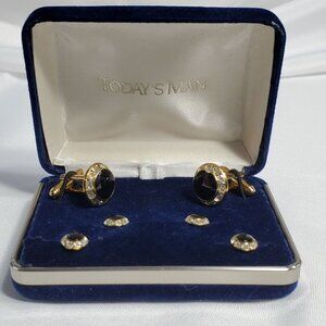 Today's Man Cufflinks Gold-Tone Black Onyx & Crystal Cufflink & Stud Set